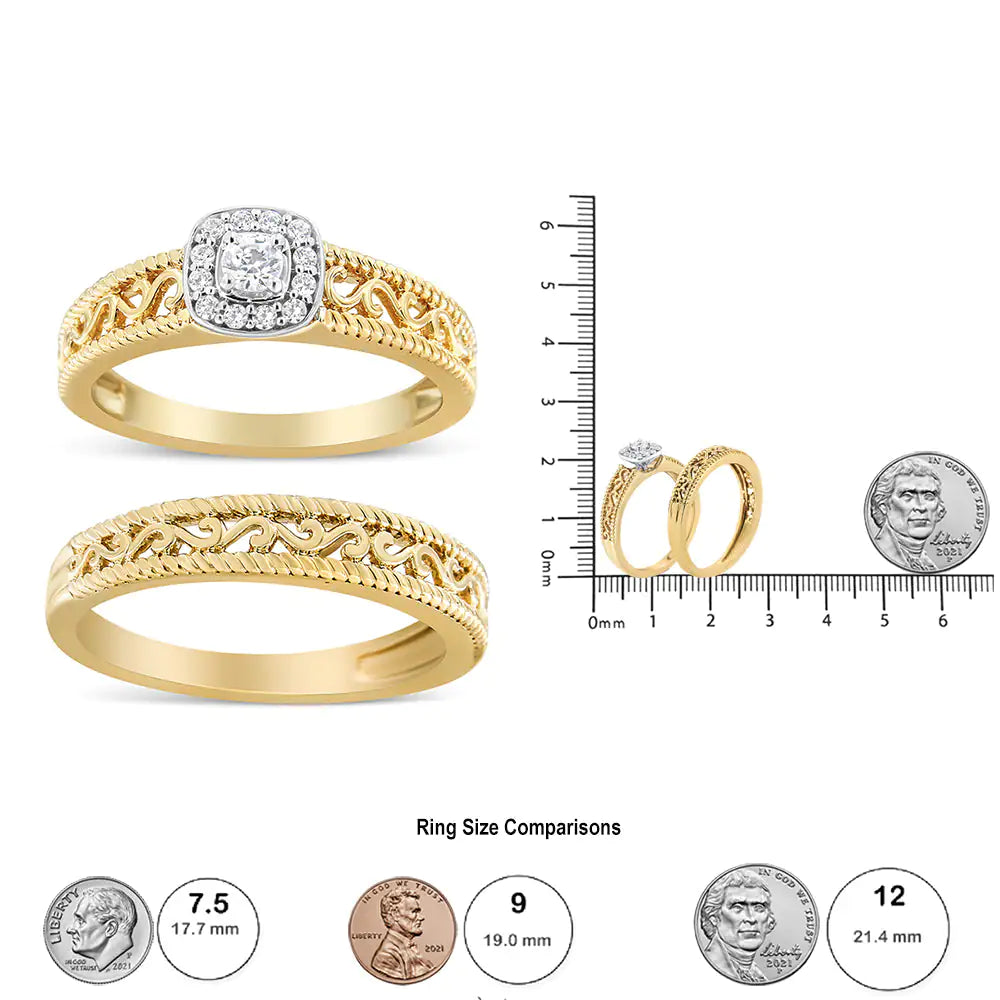 14K Yellow Gold Plated .925 Sterling Silver 1/5 Cttw Diamond Halo and Milgrain Finish Engagement Ring Bridal Set (I-J Color I3 Clarity)