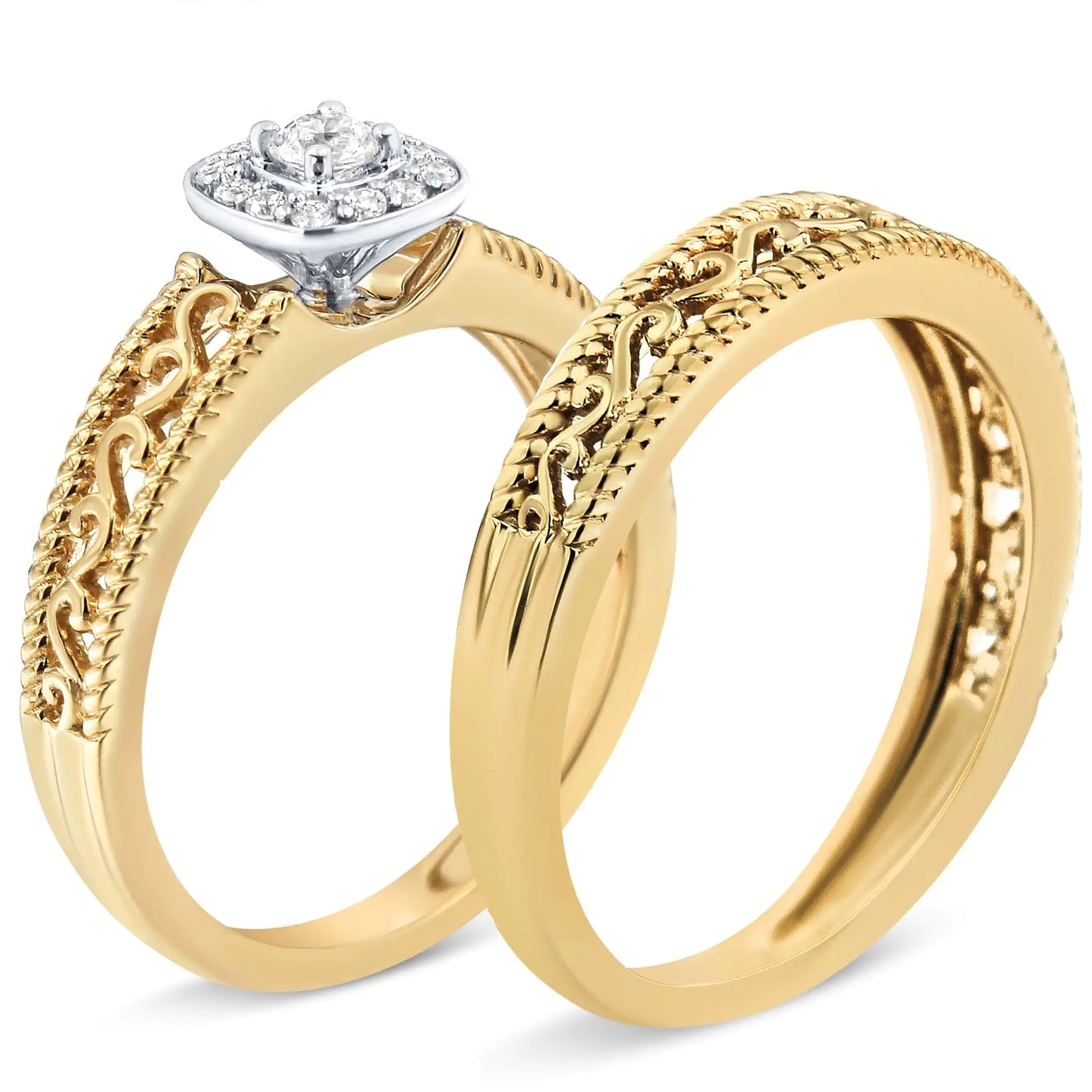 14K Yellow Gold Plated .925 Sterling Silver 1/5 Cttw Diamond Halo and Milgrain Finish Engagement Ring Bridal Set (I-J Color I3 Clarity)